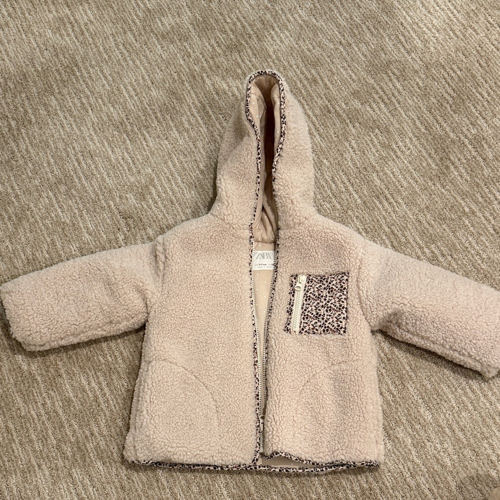Zara Beige Sherpa Jacket with Patterned Trim
